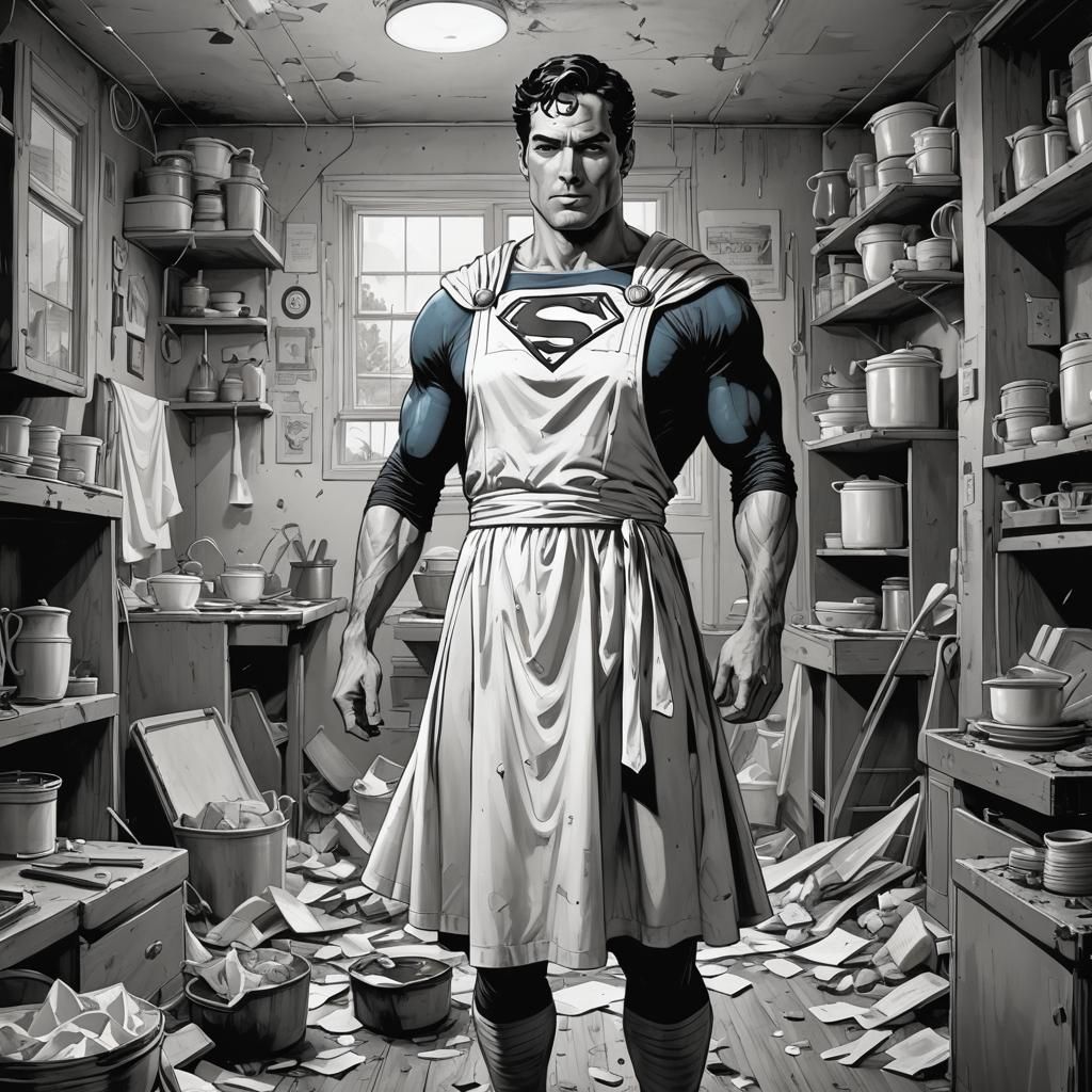 Superman as Maid: Whimsical Black and White Illustration