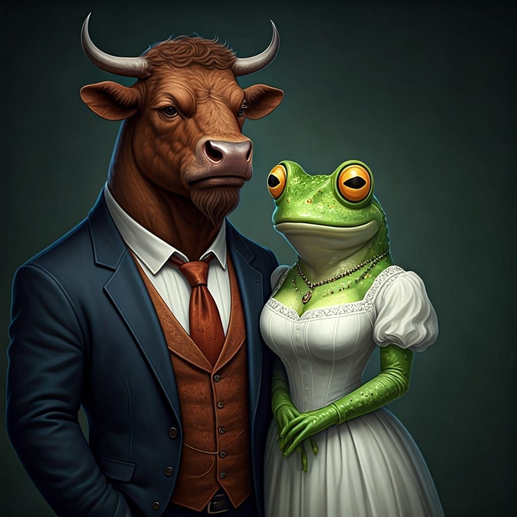 Anthropomorphic Bull and Frog in Human Clothing