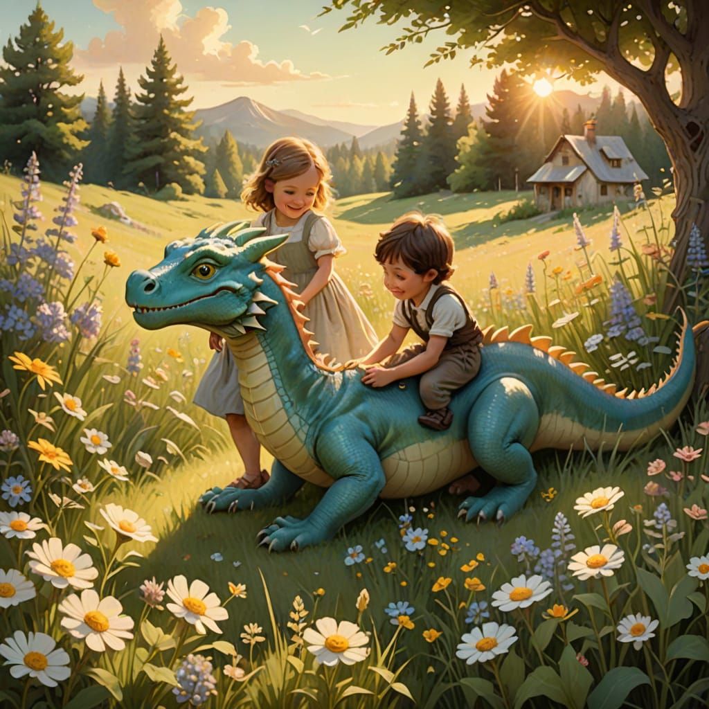 Children Play With Friendly Dragon in Sun-Dappled Meadow