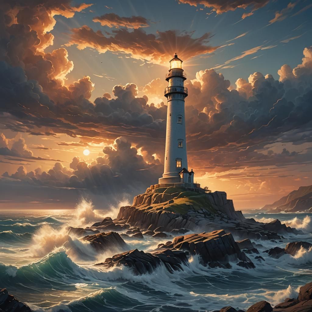 Majestic Lighthouse at Sunset on Rocky Shore