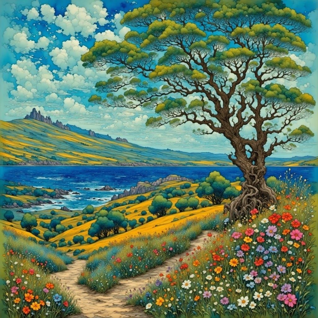 Tiffany-Style Landscape with Vibrant Colors