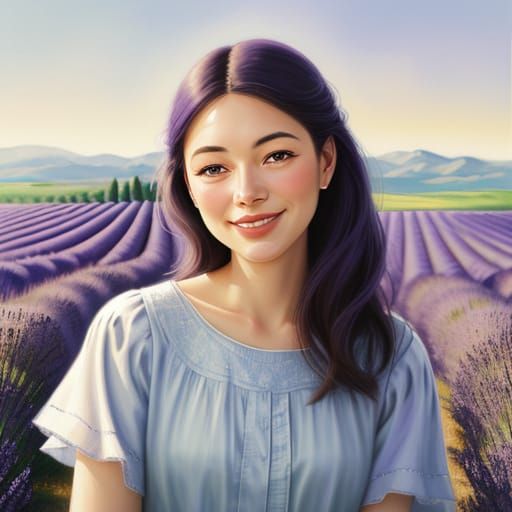 Painterly Portrait of a Smiling Woman in Lavender Field