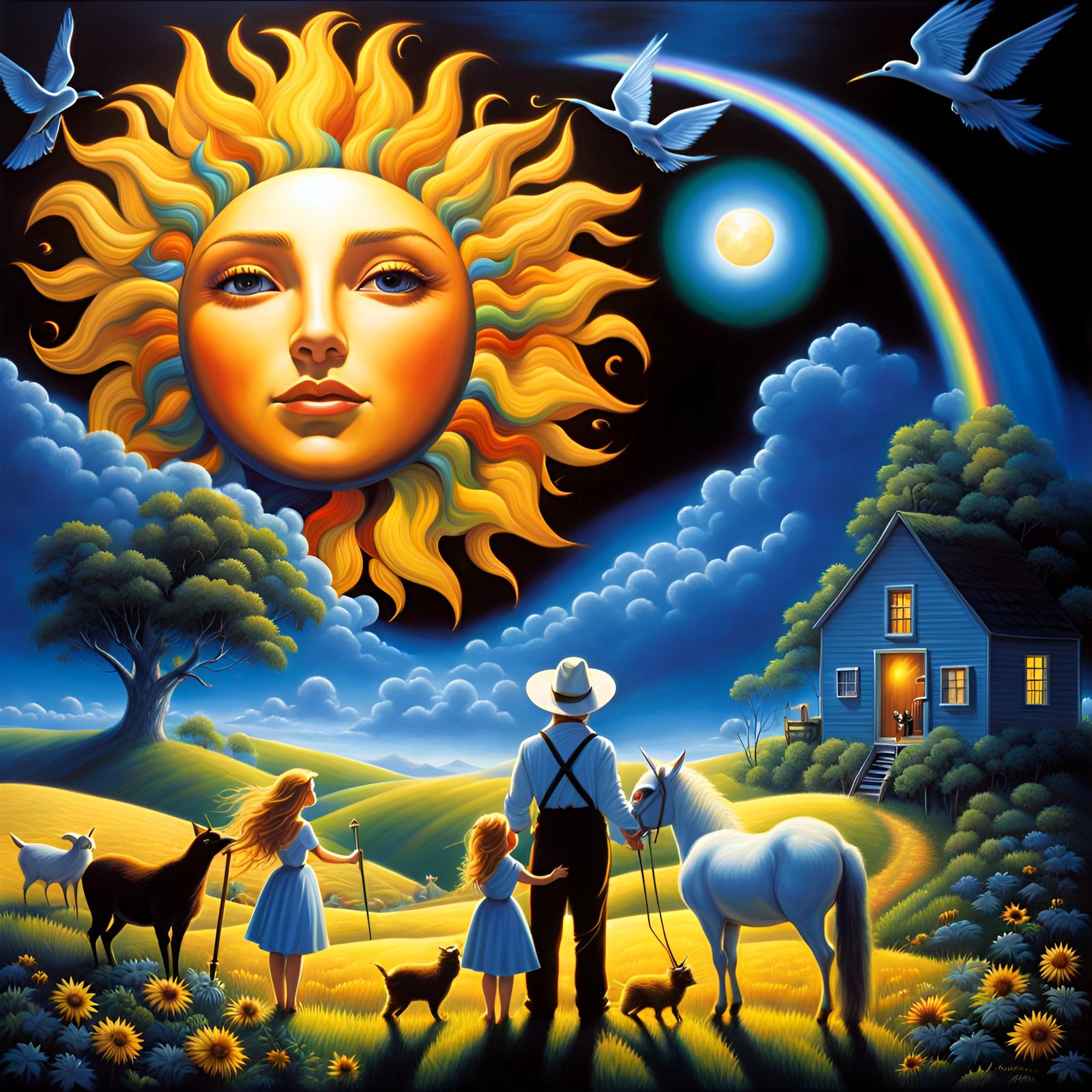 Sun with face Rainbow light rays Jim Warren Surrealist surre...