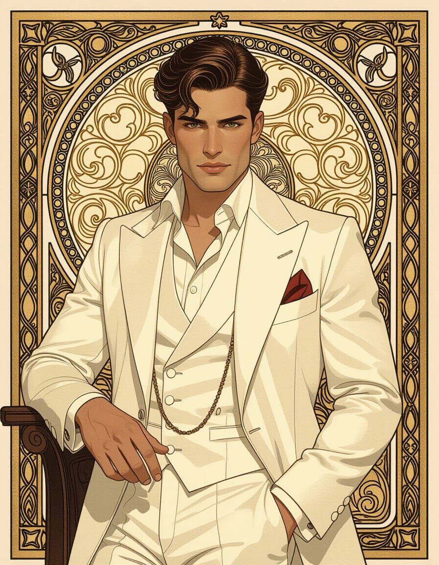 Elegant Male Model Inspired by Alphonse Mucha