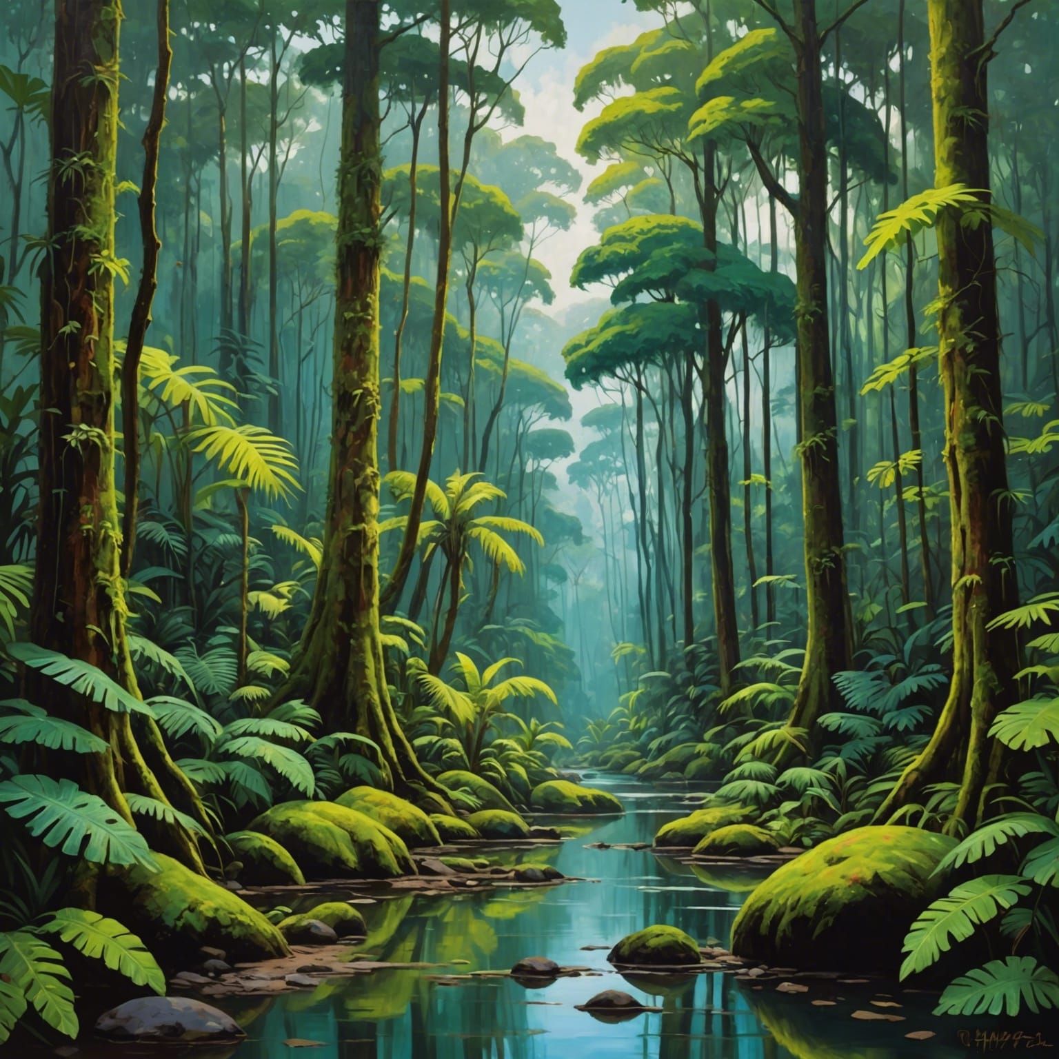 Lush Rainforest Canopy Oil Painting