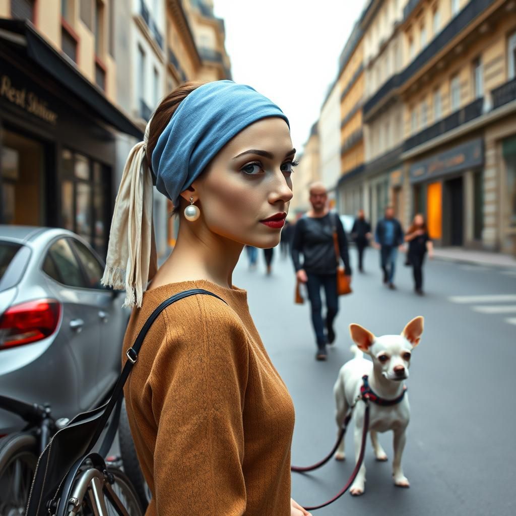 Woman with Pearl Earring Walks Chihuahua in Paris