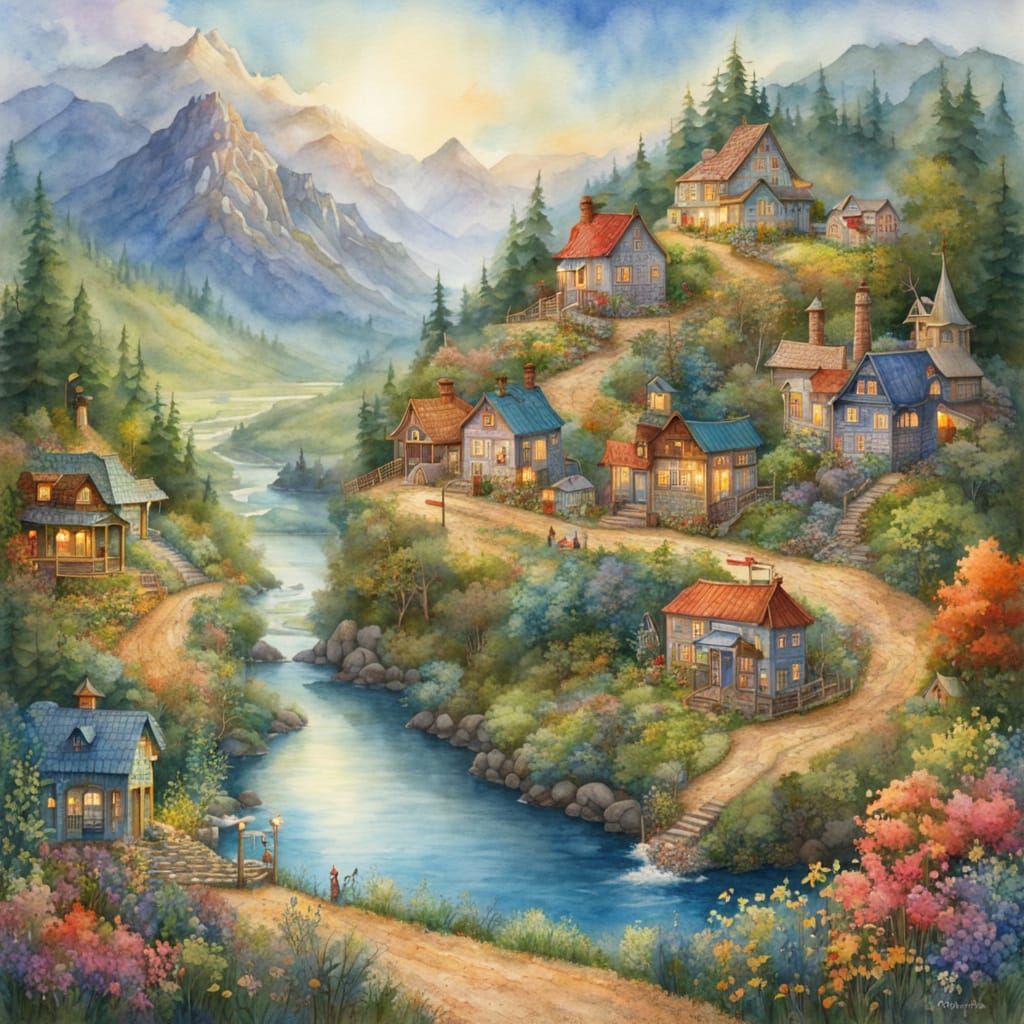 Whimsical Watercolor Scene at a River Crossroads