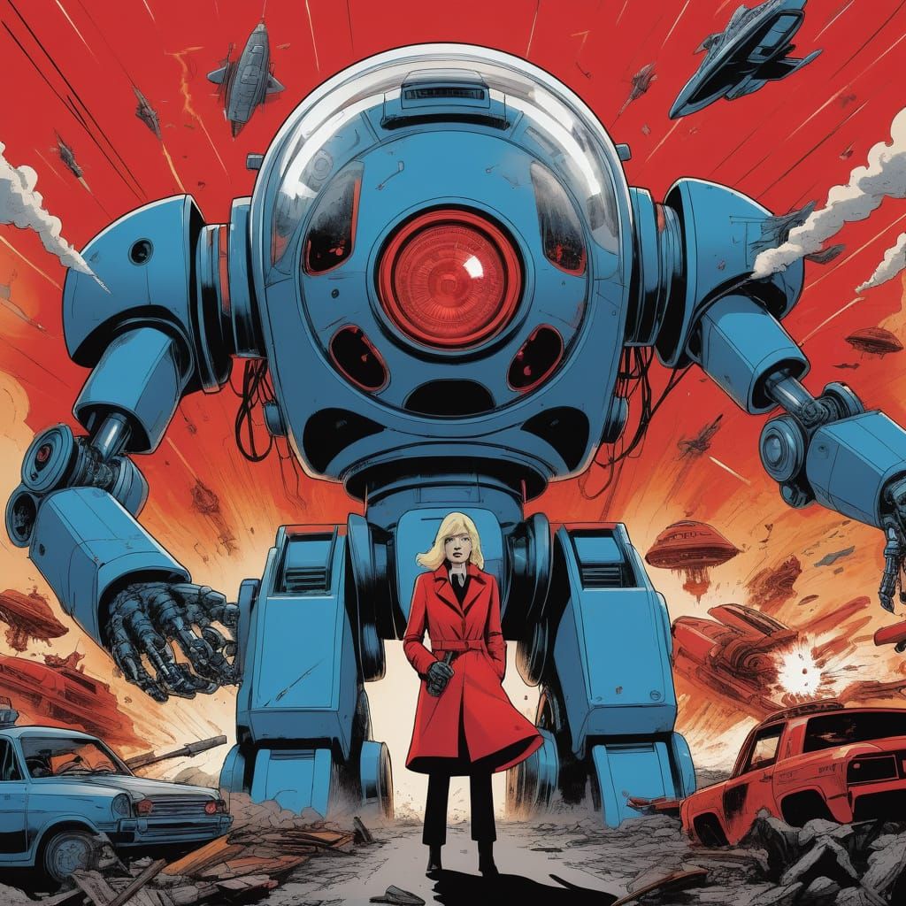 Retro-Style Robot Battle in a Vibrant Comic Book Aesthetic