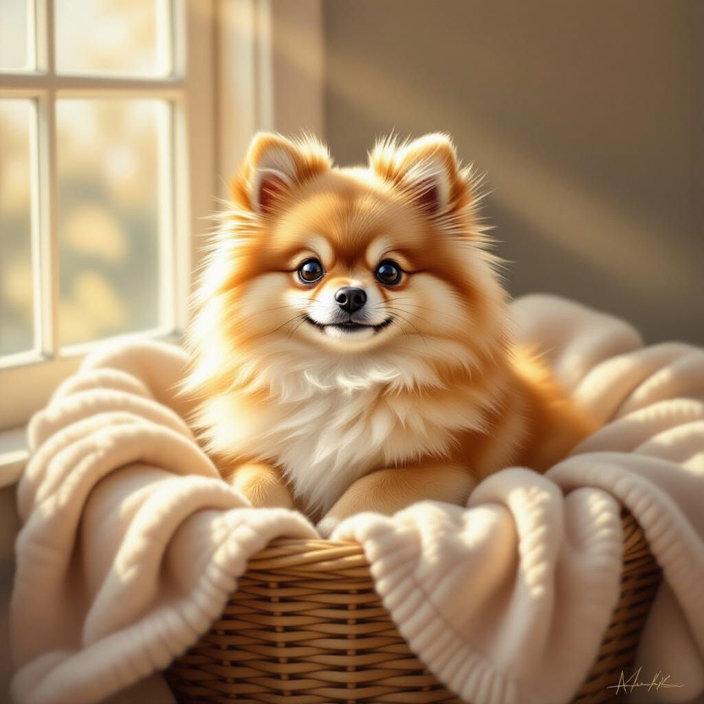 Adorable Fluffy Pomeranian in Cozy Basket