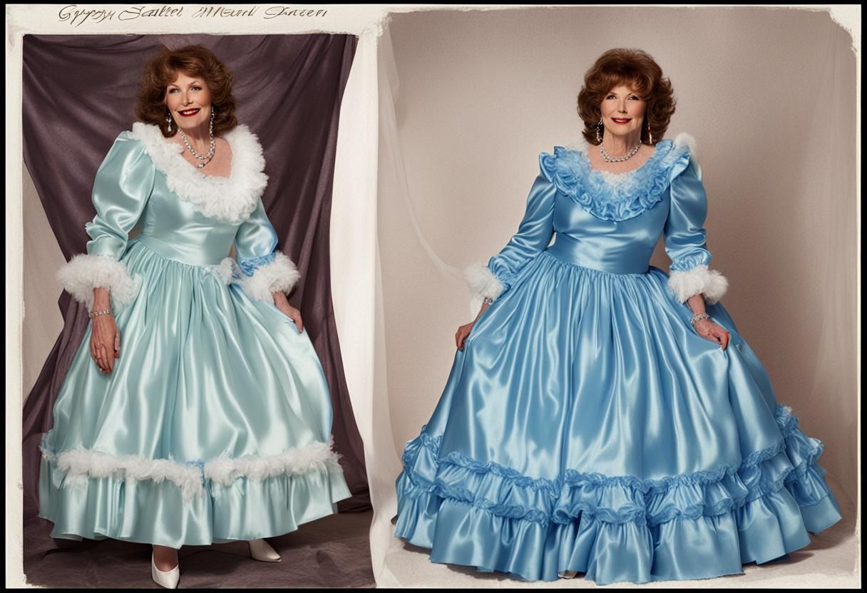 Mature Women in Blue Satin Ruffle Dresses