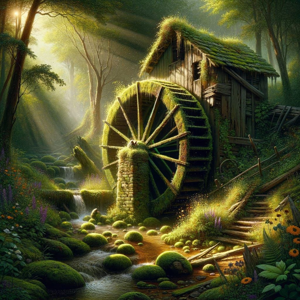 Moss-Covered Waterwheel in a Lush Forest Landscape