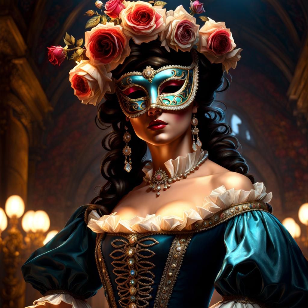Mysterious Venetian Lady at Masquerade in Splash Art