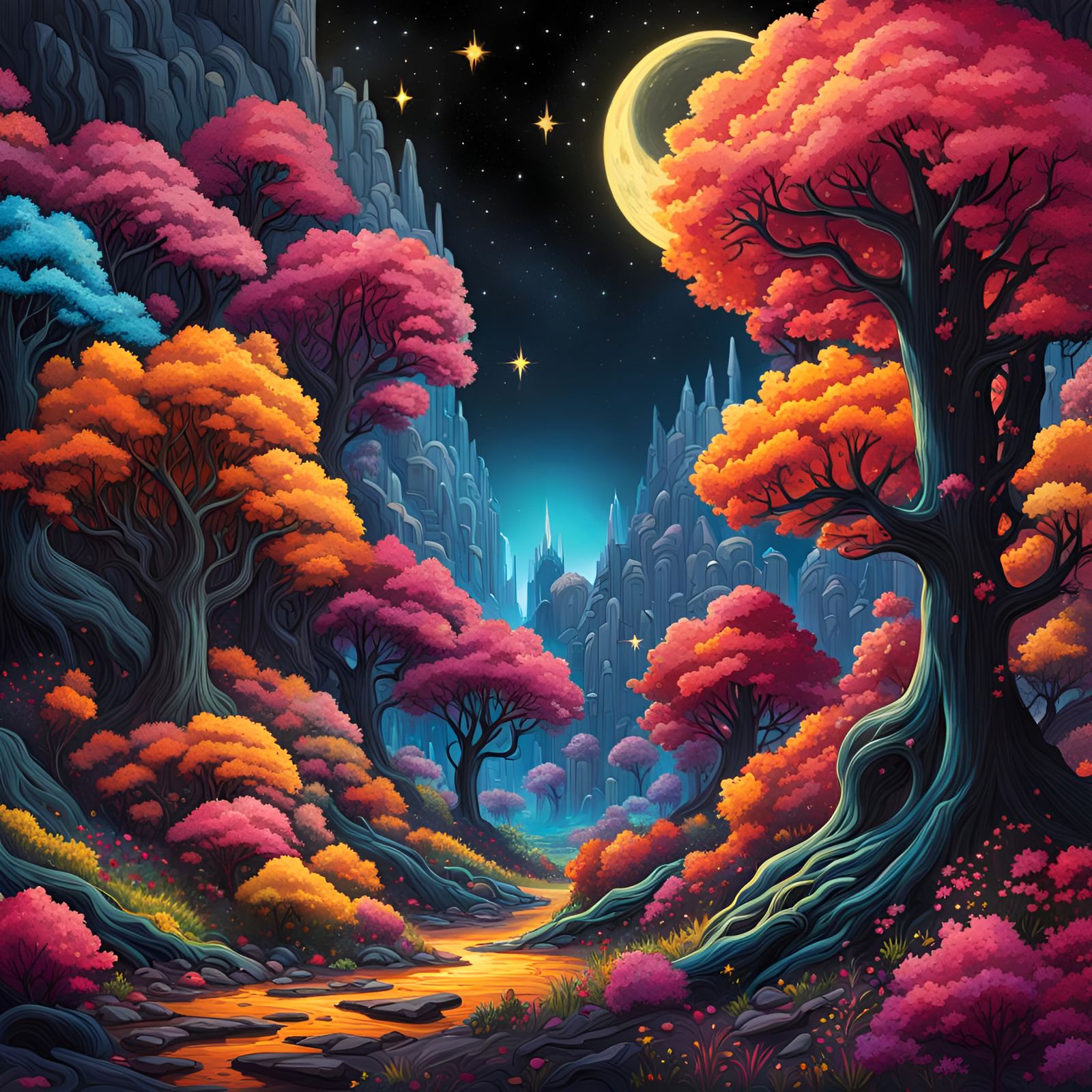 Hyperdetailed fantasy forest, starry starry black background