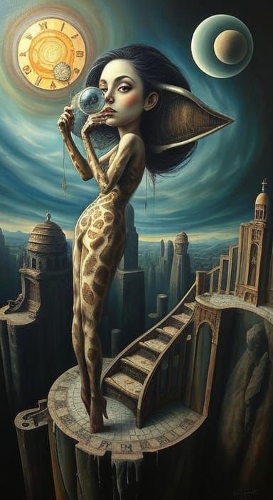 Surreal Woman with Melting Clocks and Impossible Geometries