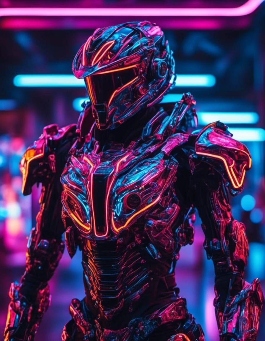 <lora:Murraypunk v2:1.0> cyberpunk neon mecha knight armor