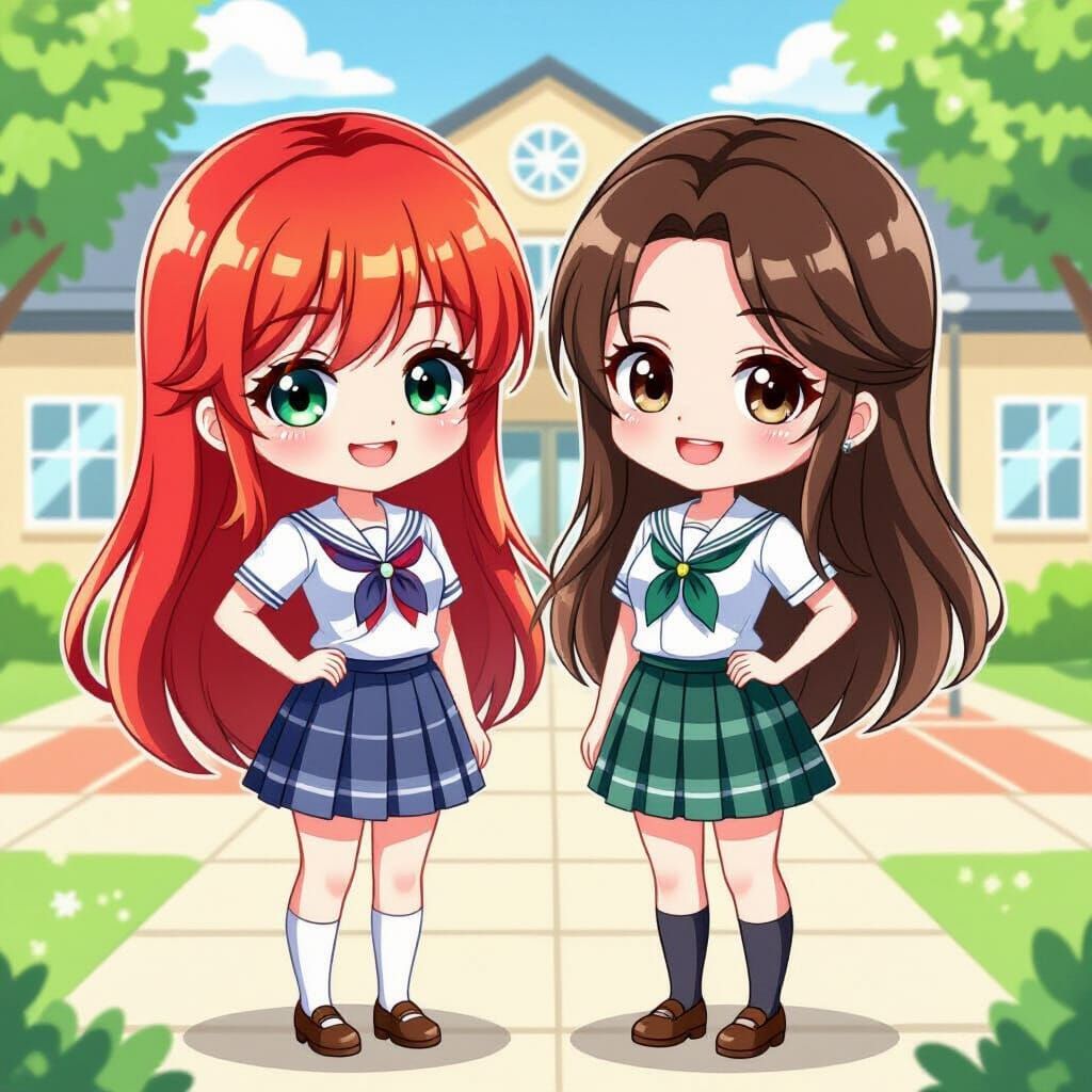 Chibi Style Japanese Schoolgirls Posing Happily