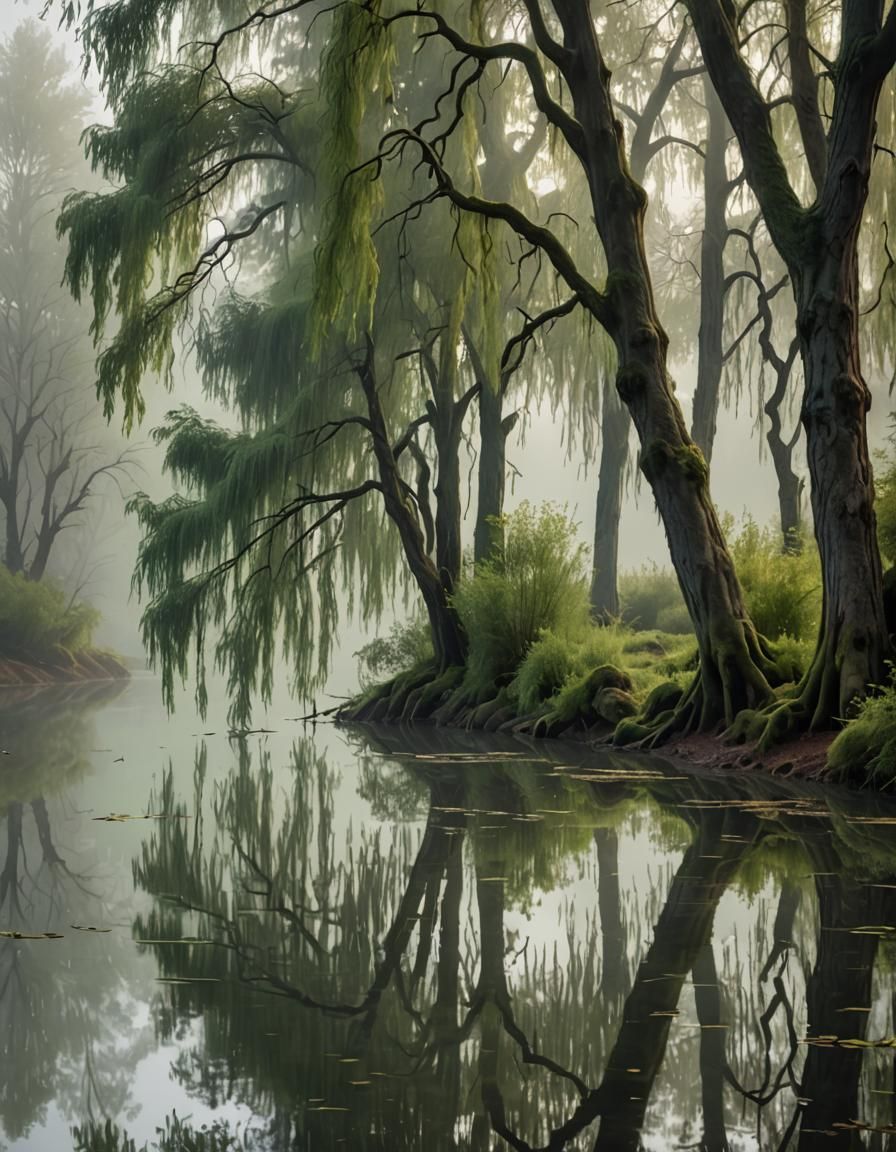 Misty Spring: Willows and Pines in Soft Light