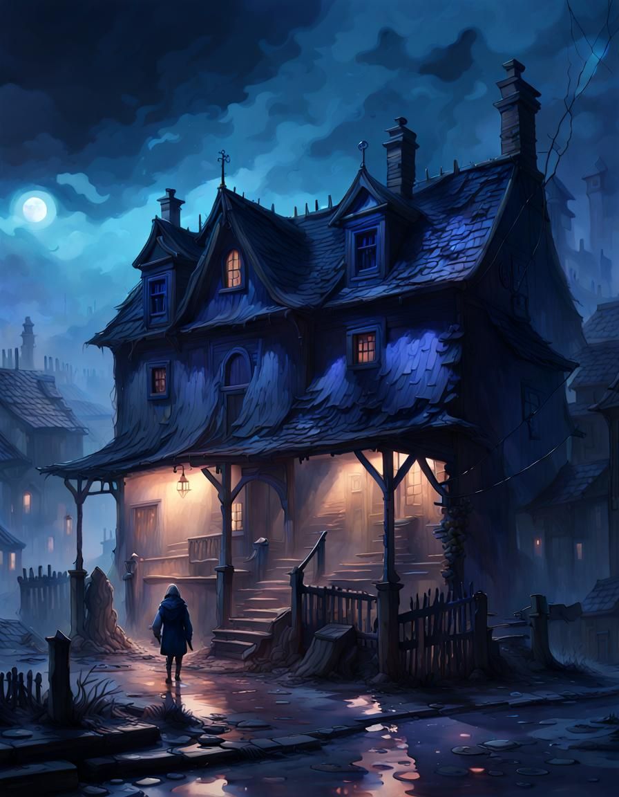 Creepy Foggy Village at Night in Watercolour Style