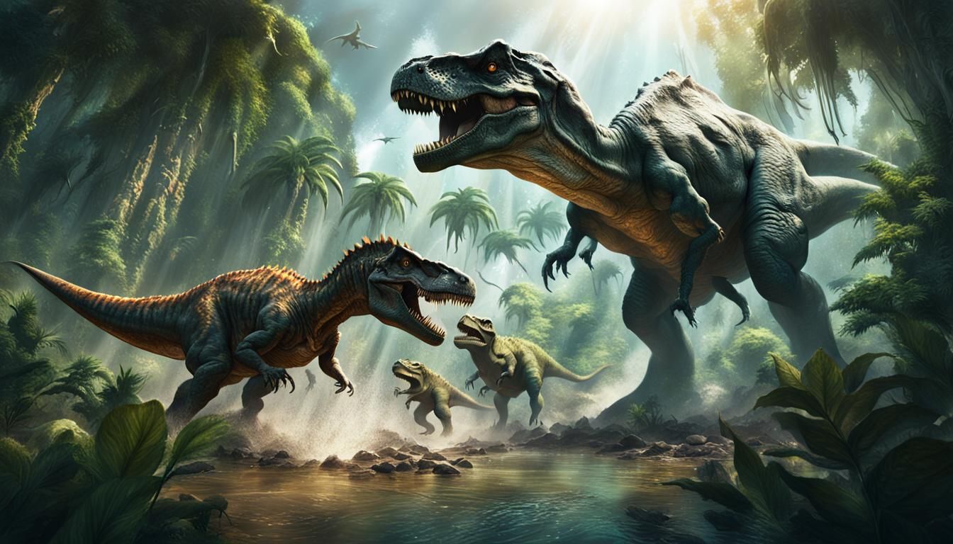 Epic battle scene. A T-Rex and A Giganotosaurus