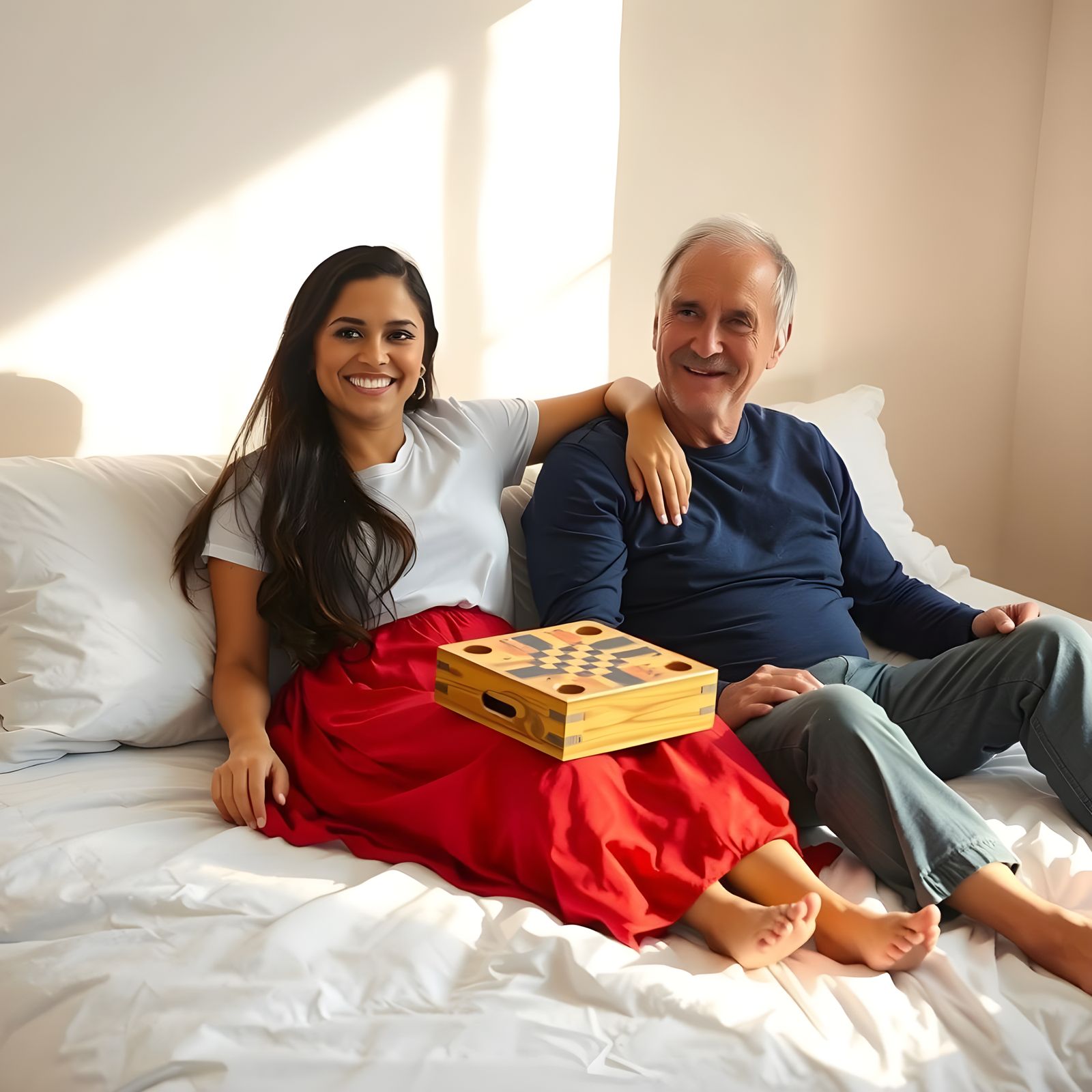 Contemporary Couple Seated on a Bed in Warm and Intimate Moo...