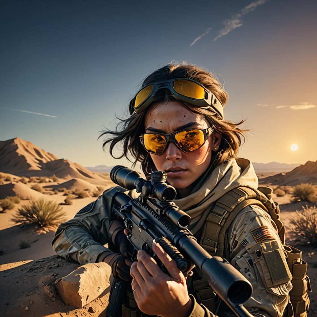 Female Sniper Aims in Desert Landscape: Digital Art
