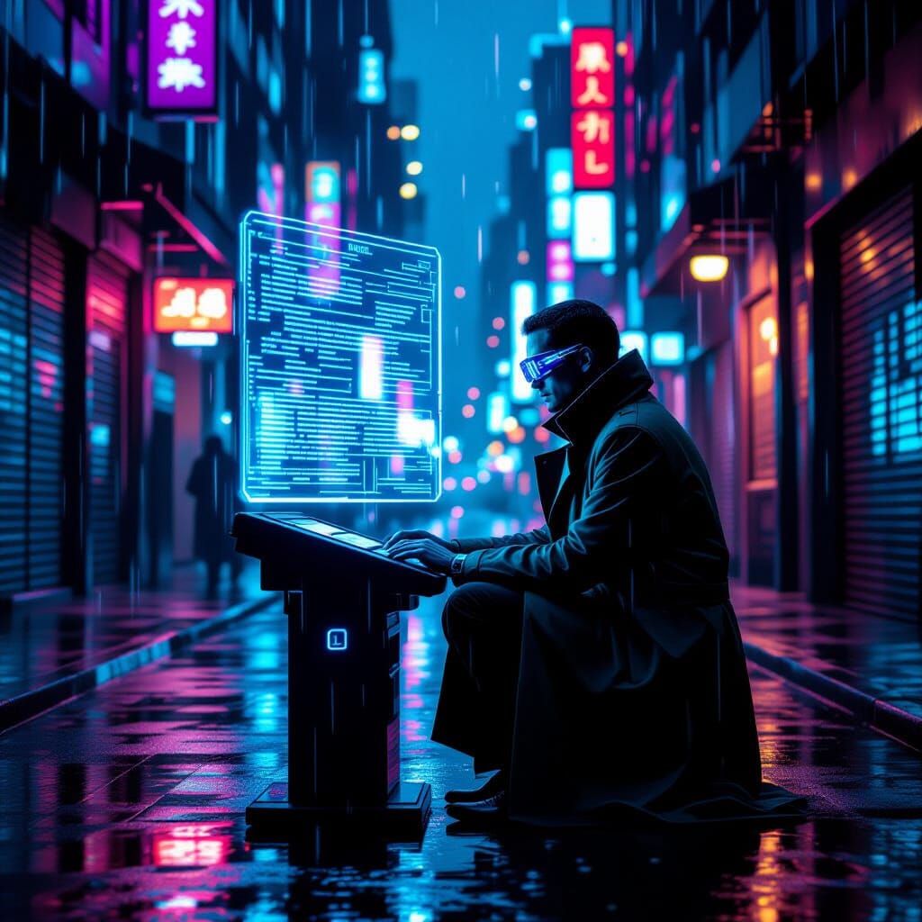 Futuristic Figure at Holographic Terminal in Neon Alley
