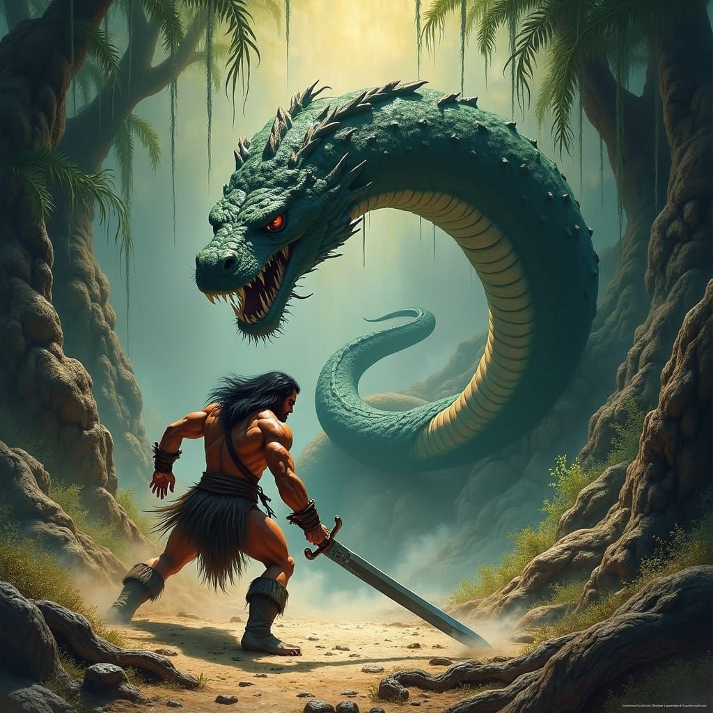 Conan Battles Serpent in Frazetta-esque Fantasy Art