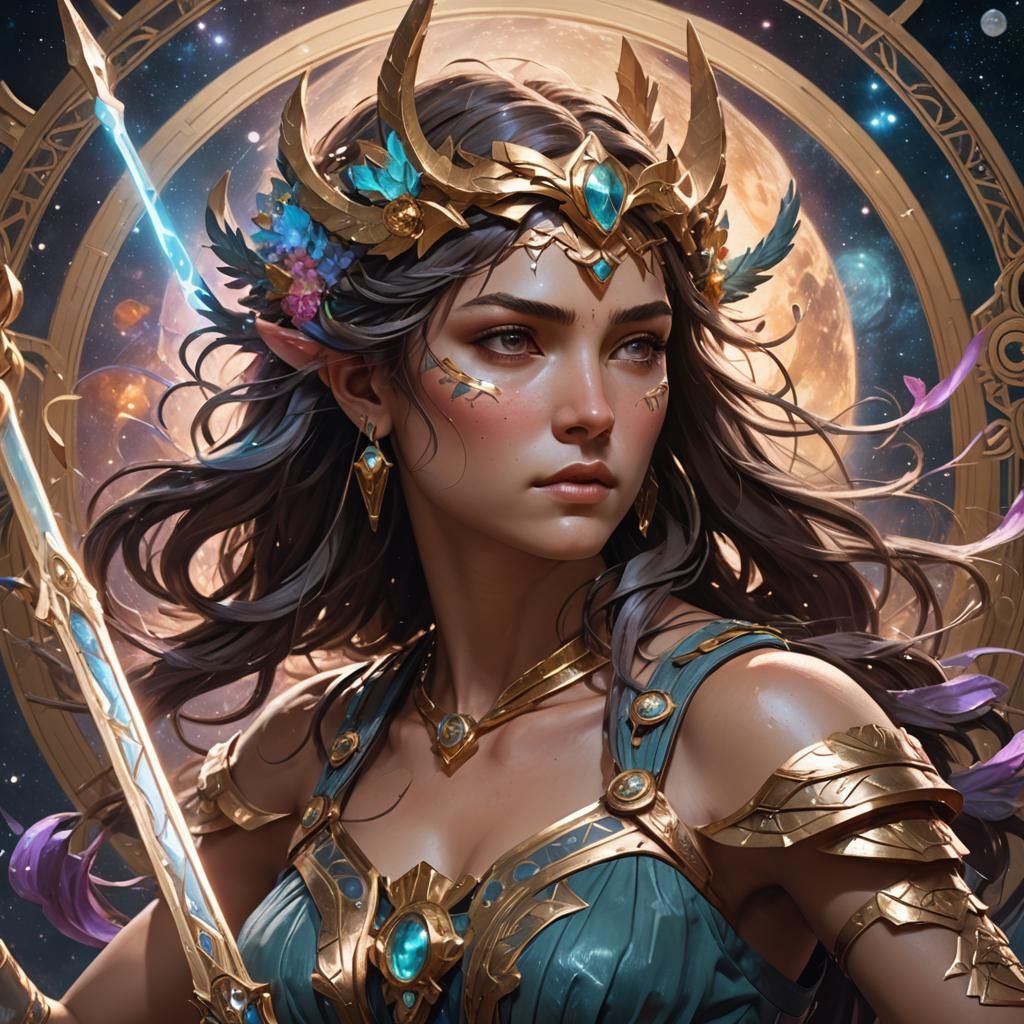 Artemis Battles Heracles: Hyperdetailed Cosmos Portrait