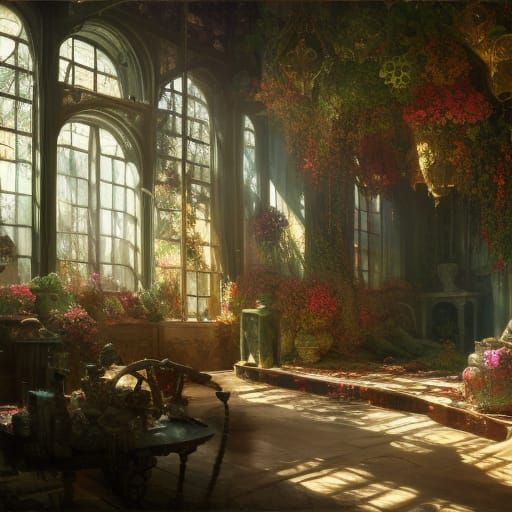 Sunlit Courtyard Garden with Flowers, Digital Art