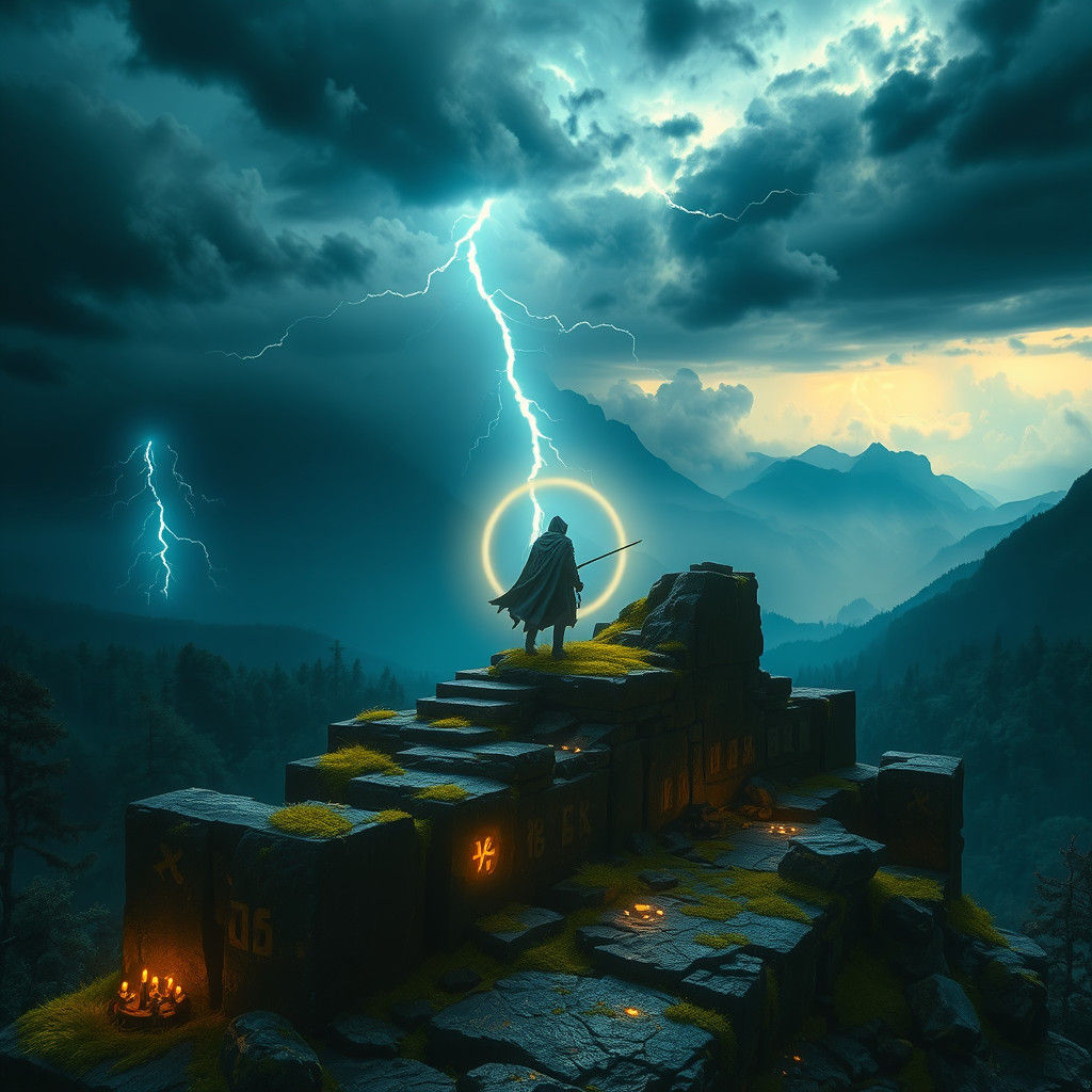 Ethereal Figure Amidst Ancient Ruins in Matte Painting Style