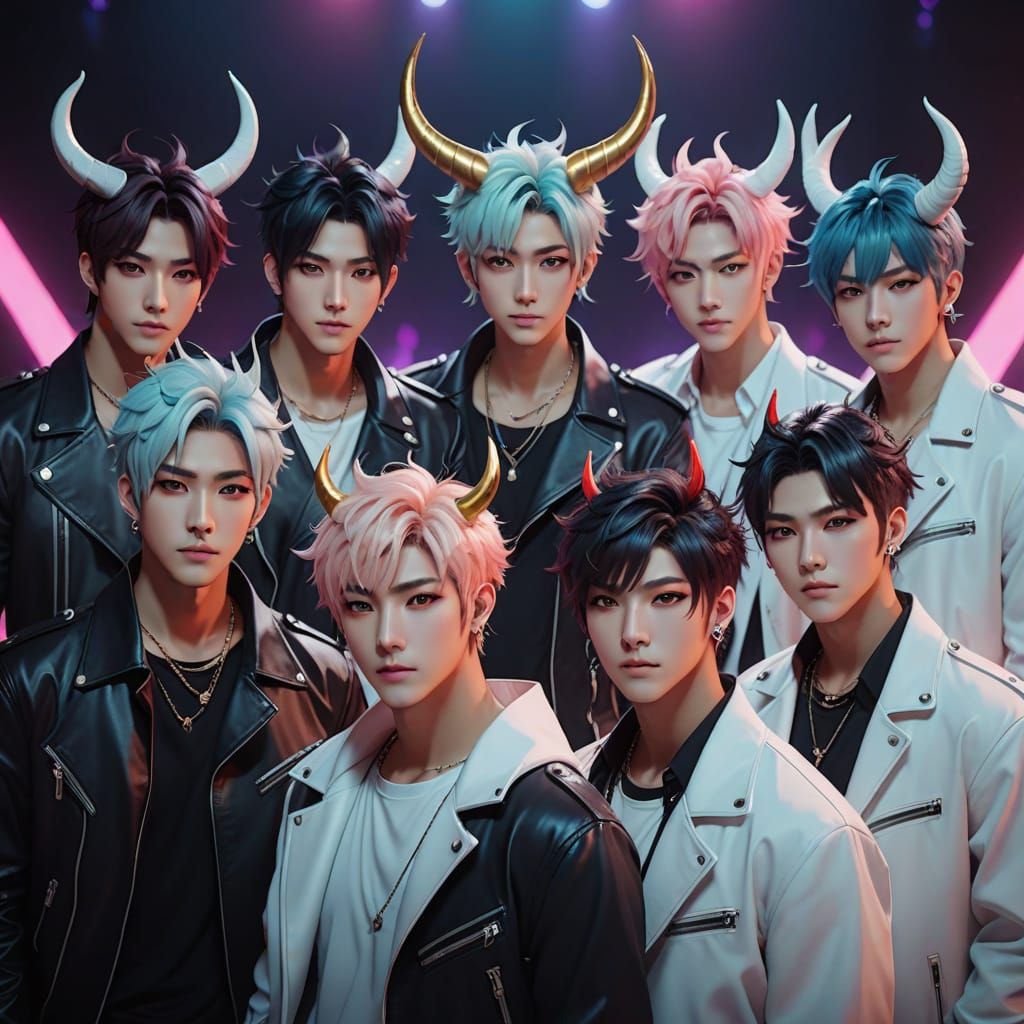 Demon K-Pop Boyband on Stage: 3D Anime Art