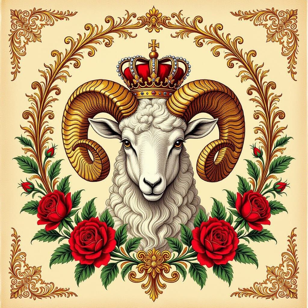 Aries Ram Botanical Royal Illustration with Crimson Roses