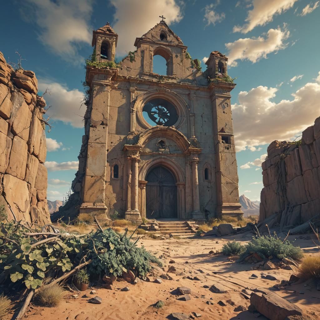 Desert Church Ruins in Matte Painting Style