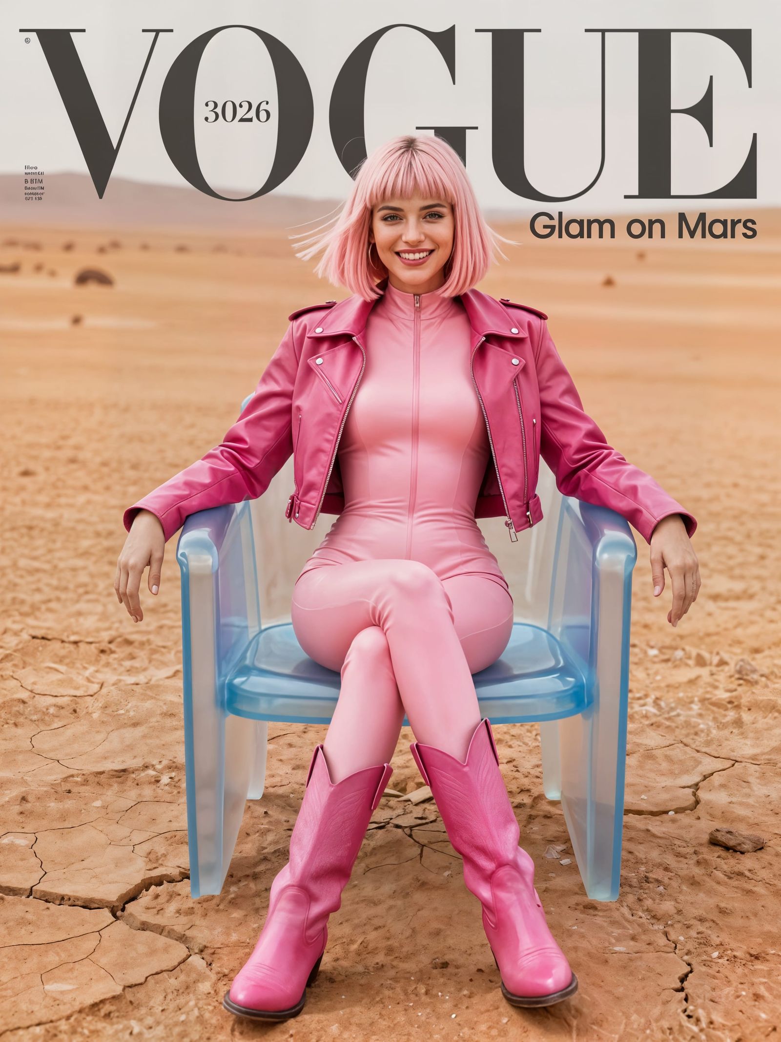 Vogue Cover 3026: Pink Latex Fashion on Mars