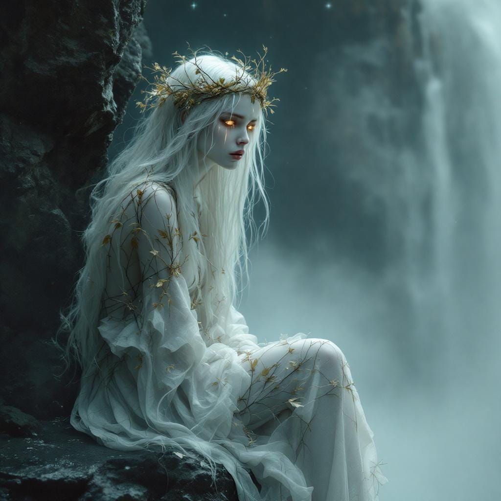 Ethereal Woman at Mystical Waterfall in Hyperrealistic Style
