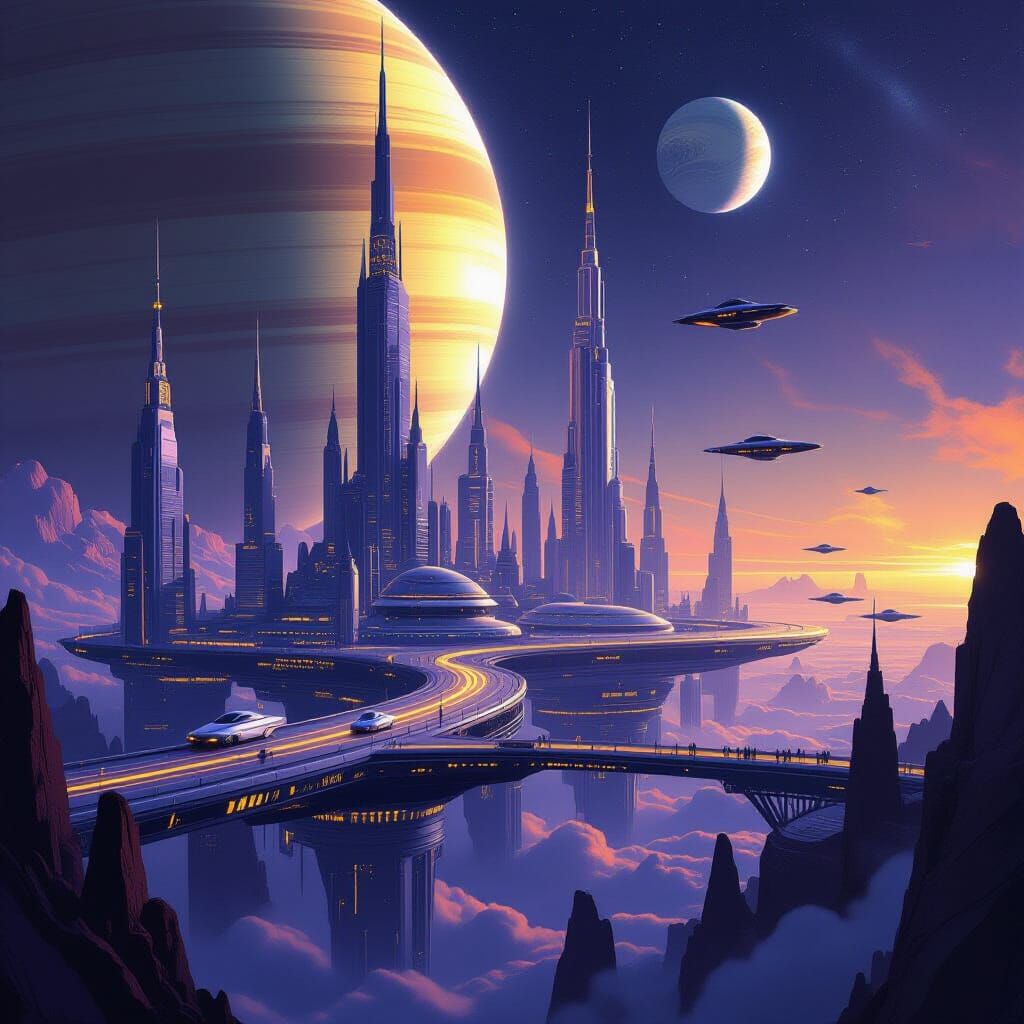 Retro-Futuristic City on Saturn's Rings