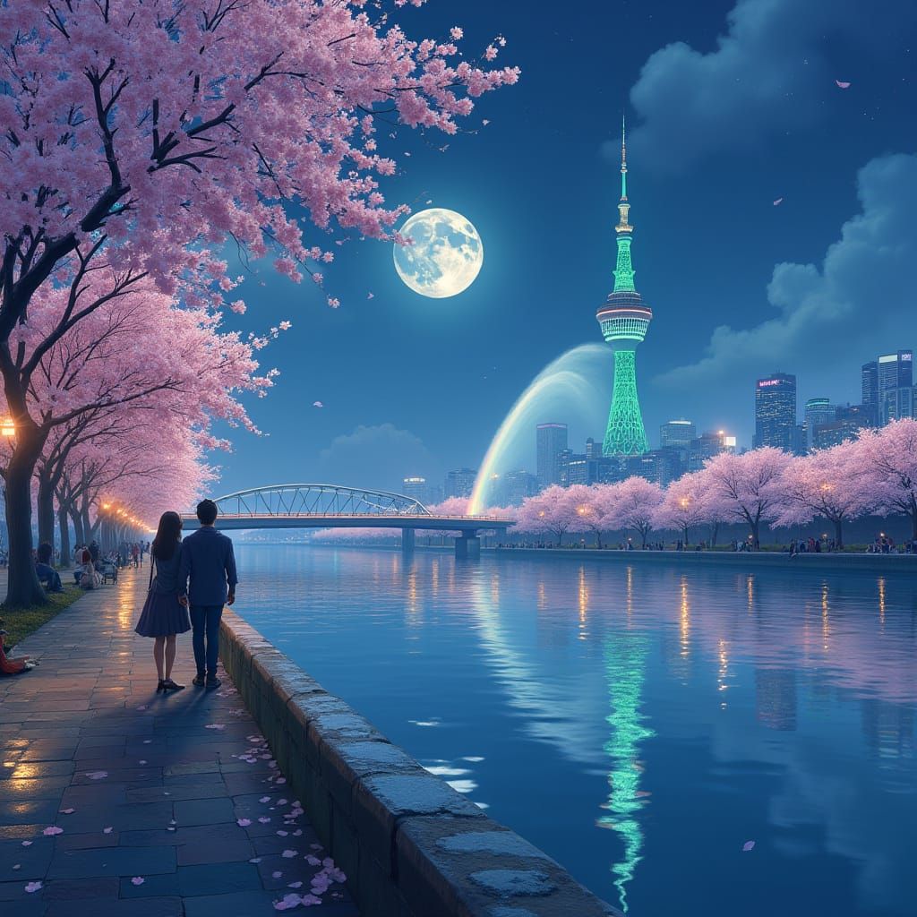 Han River Night Scene with Seoul Tower in Anime Style