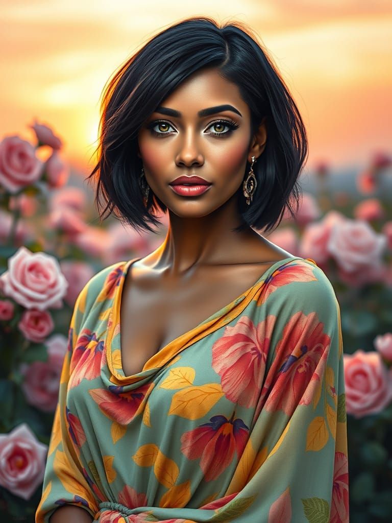 Elegant Woman in a Rose Garden Sunset, in the Style of Jose ...