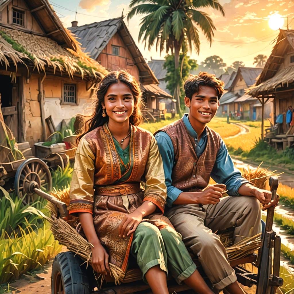 Village Couple in Paddy Cart: Fantasy Concept Art