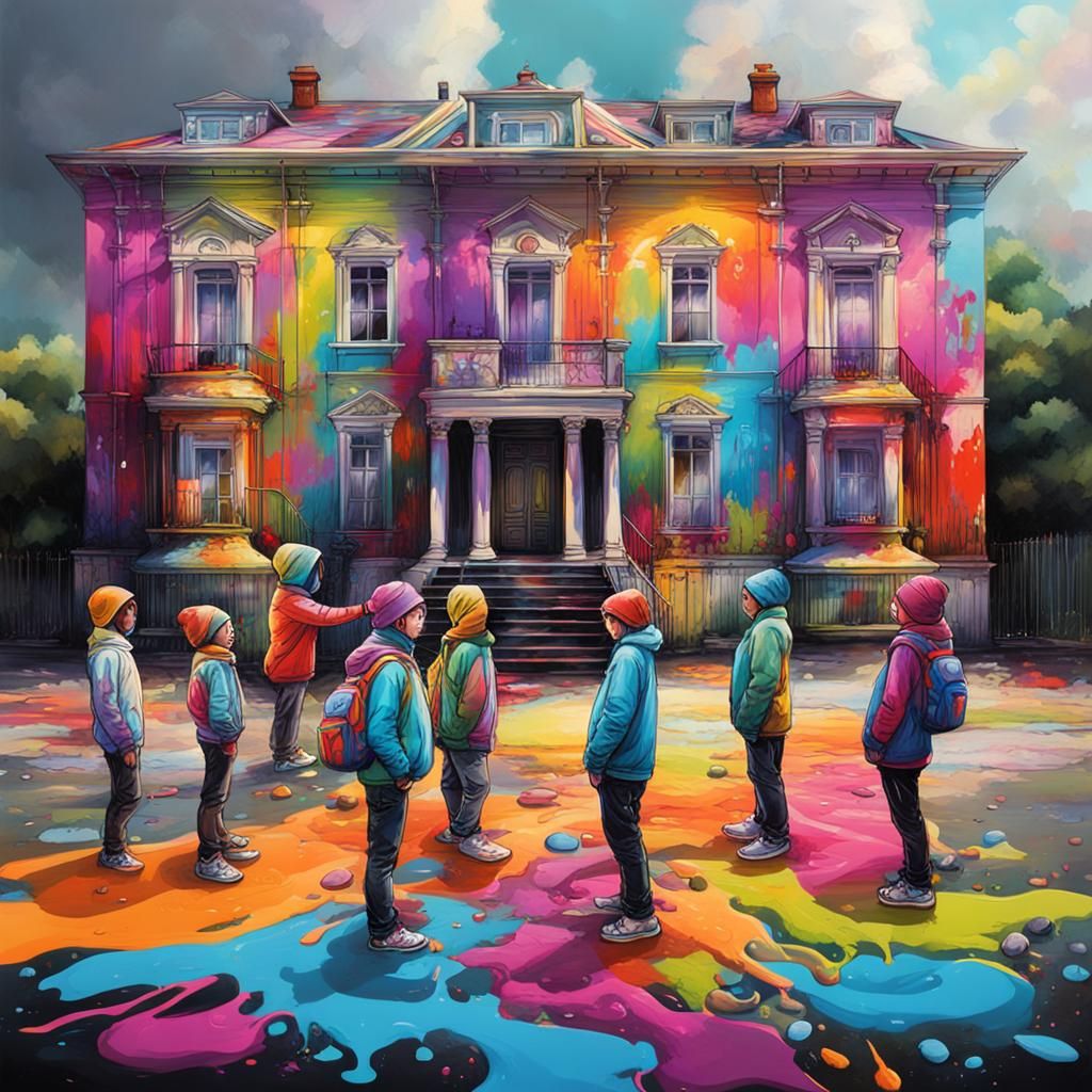 Colorful Mansion Scene with Pregnant Women: Graffiti Art