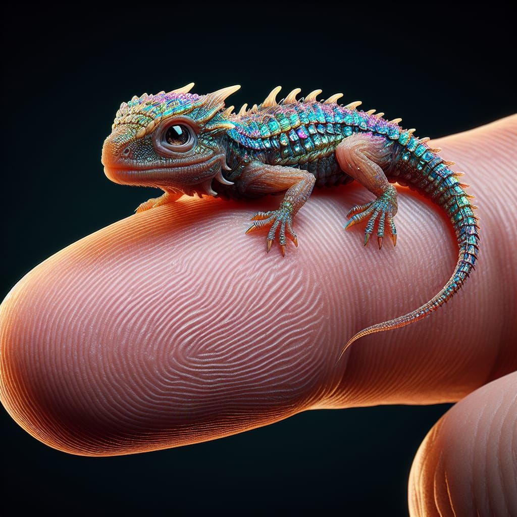 Microscopic Dragon Perched on Human Thumb: Ultra-Realistic I...