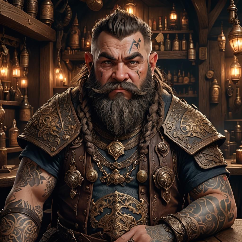 Tattooed Dwarf Portrait in a Tavern, Detailed Matte Painting