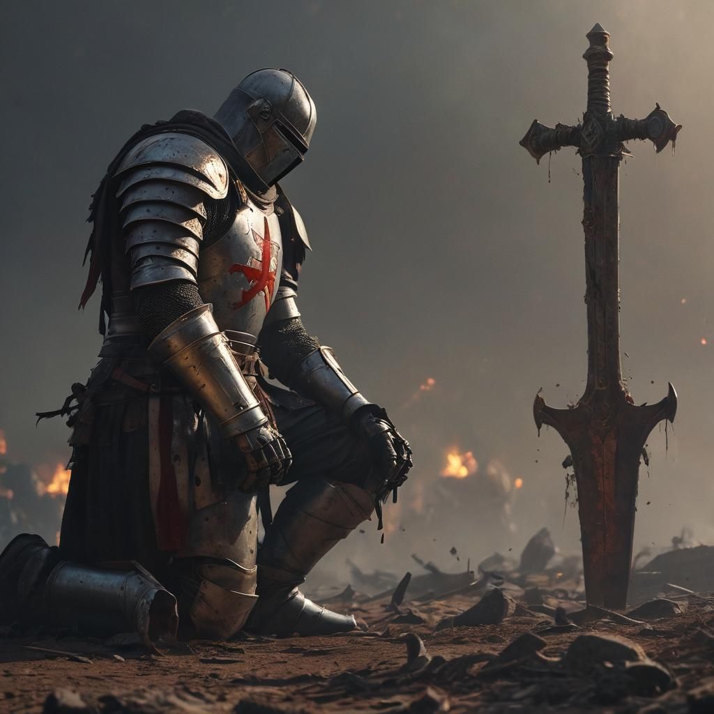 Knight Templar Kneels After Brutal Battle