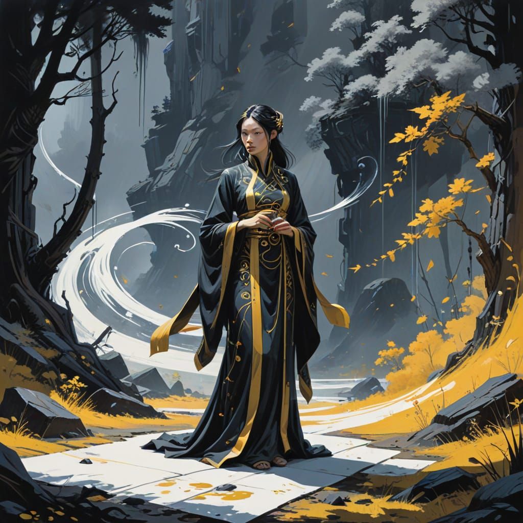 Mystical Figure Conjuring Magic in Gouache Painting Style