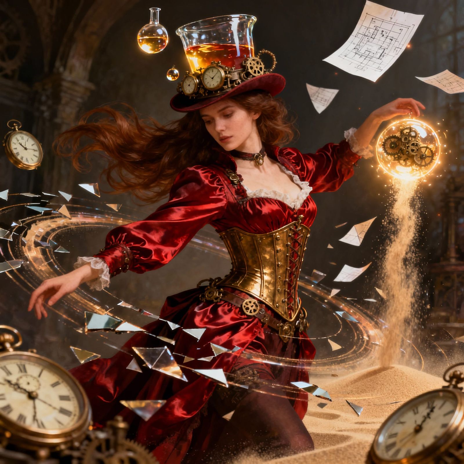 Crimson Silk Figure Bends Fractured Time in Steampunk Fantas...