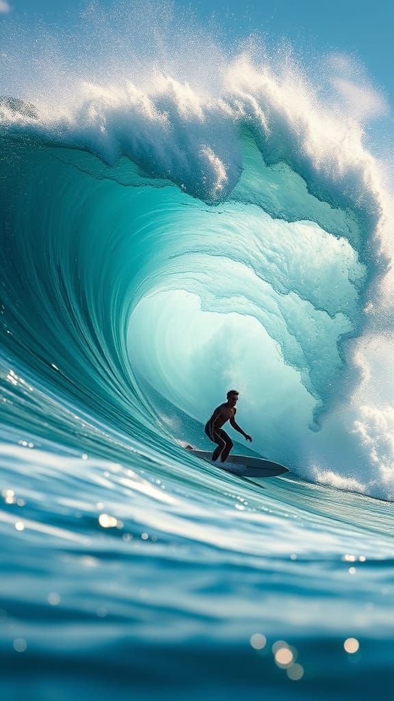 Surfer Rides Towering Wave in 3D Anime Art