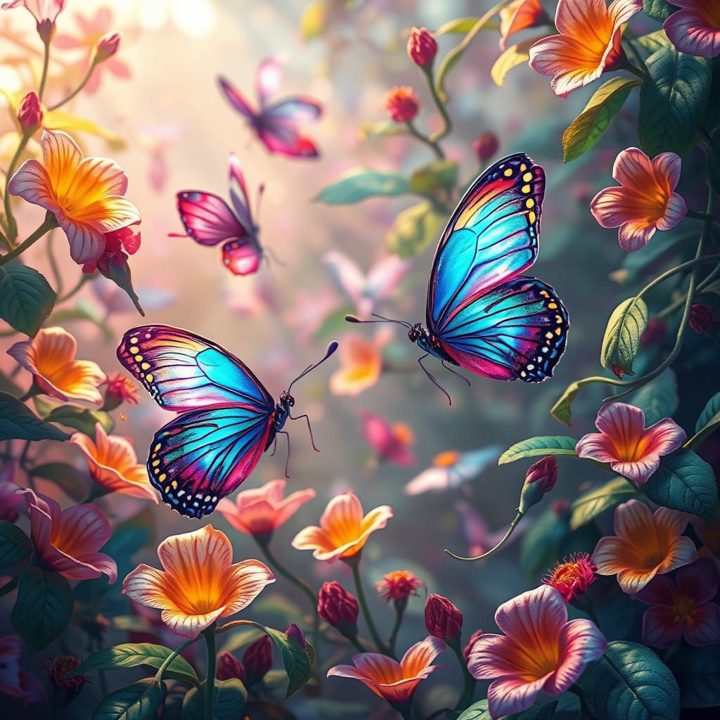 Butterflies Land on Exotic Flowers in a Vibrant, Ethereal Sc...
