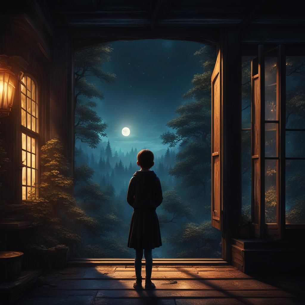 Girl at Window Watching Silhouette in Forest