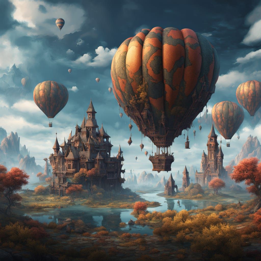 Surreal Floating Islands in Painterly Sky