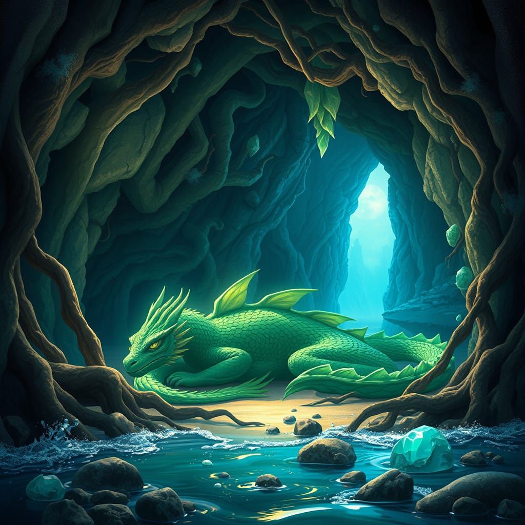 Majestic Green Dragon in a Seaside Cave